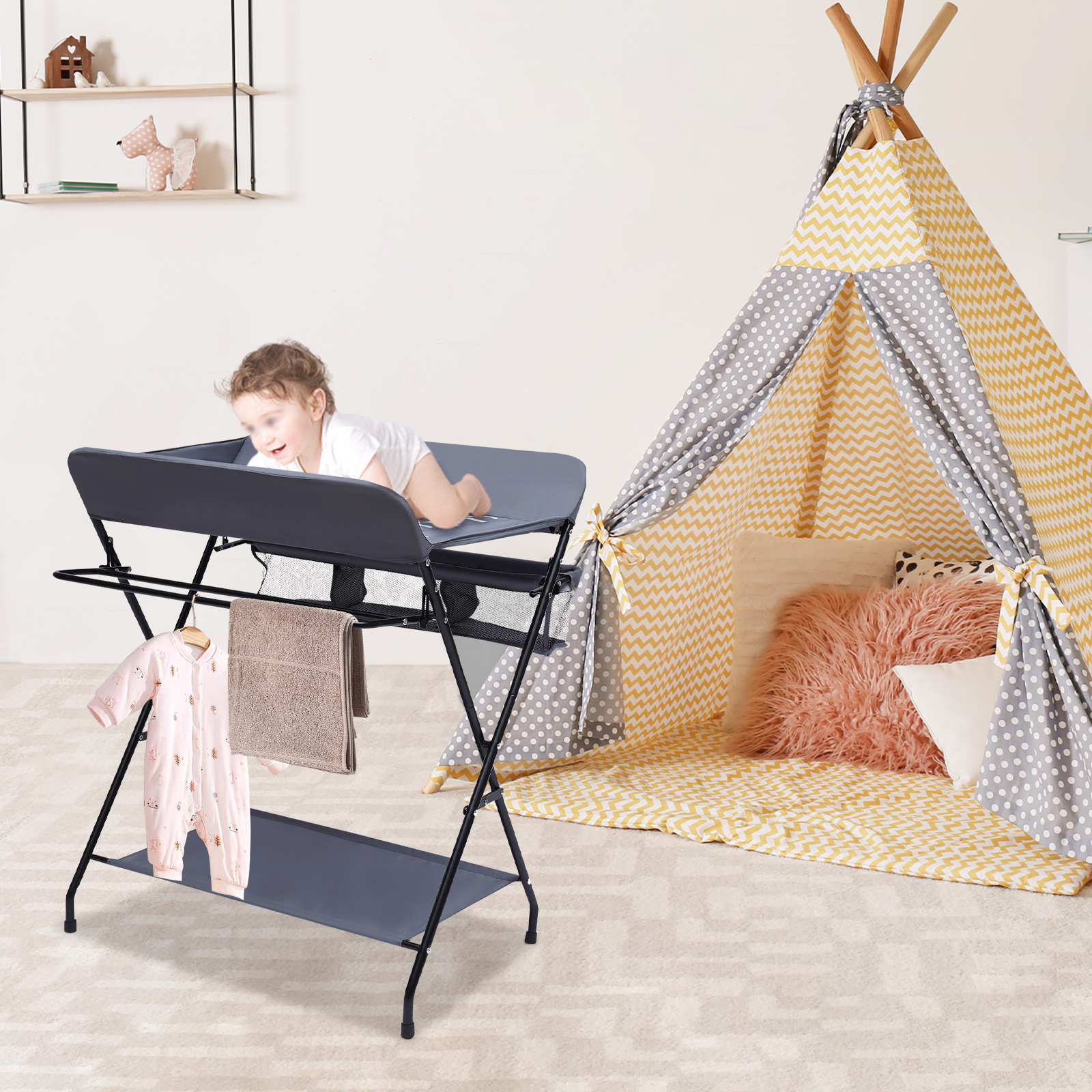 Mesa dobrável para troca de fraldas de bebê, multifuncional, cuidados infantis, estação de troca de berçário com cesta e prateleira inferior para 0-12 meses