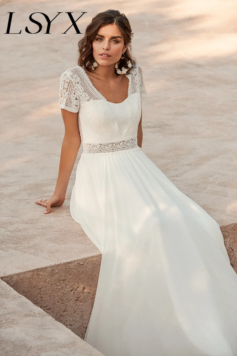 LSYX Abito da sposa Boho in chiffon con scollo a V personalizzato per le donne Maniche corte Lunghezza pavimento Abito da sposa senza schienale Robe De Marie