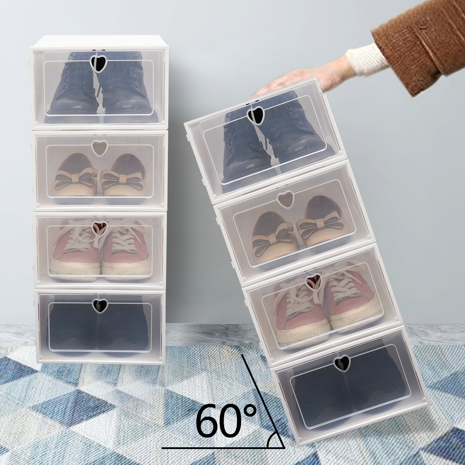 Pack of 20 Shoe Boxes Stackable Foldable Transparent Plastic Container Shoe Box with Lid White Shoe Organizer with Drawer