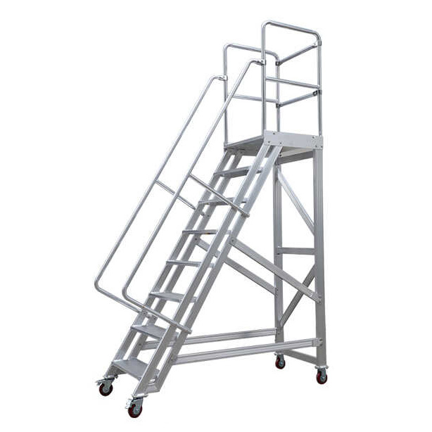 Plataforma móvil de aluminio Pasos Escalera Pasamanos Ruedas de cuatro ruedas Personalizable Almacén Seguridad Rodante Plataforma móvil OEM