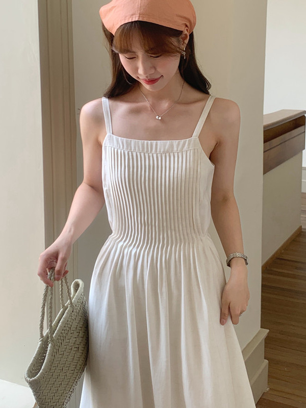 Vestido de Alças F Estilo Novo de Verão com Design de Saia Longa em Cor Pura e Aodão Puro Sem Mangas