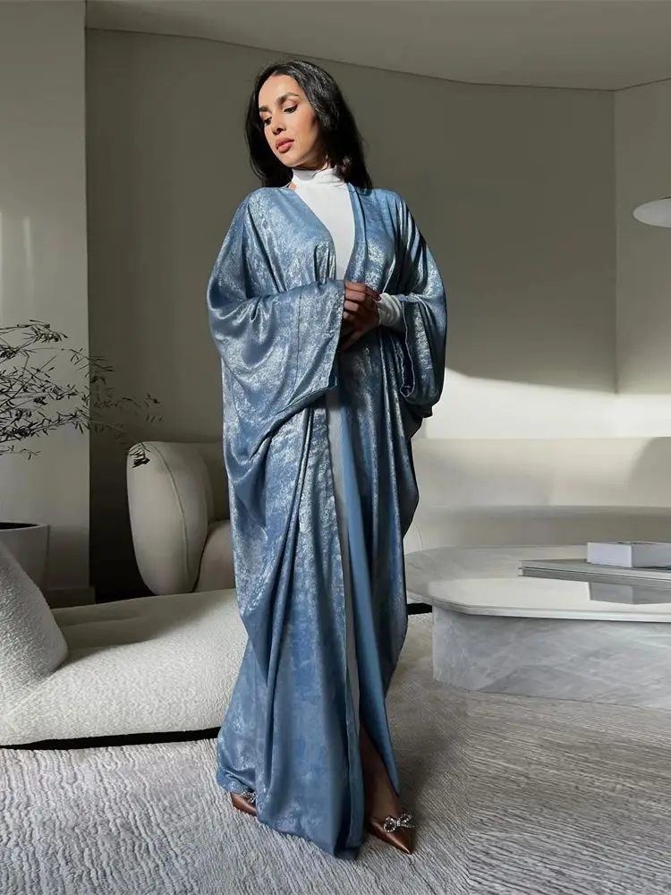 バットウィングサテンオープン着物,女性用,ドバイアバヤ,高級カフタン,イスラム服,光沢のあるアバヤ,2024