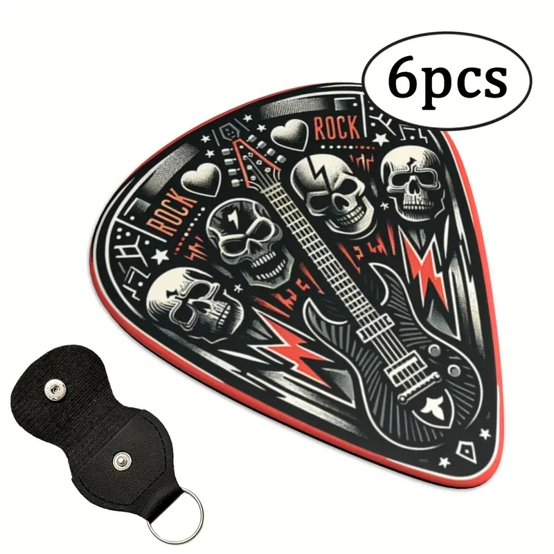 6-teilige Original-Gitarrenplektren mit Sound, doppelseitig bedruckt, Fingerschrapnell für Ukulele-Gitarre, Schlüsselanhänger-Holster, Geschenk für Musikliebhaber