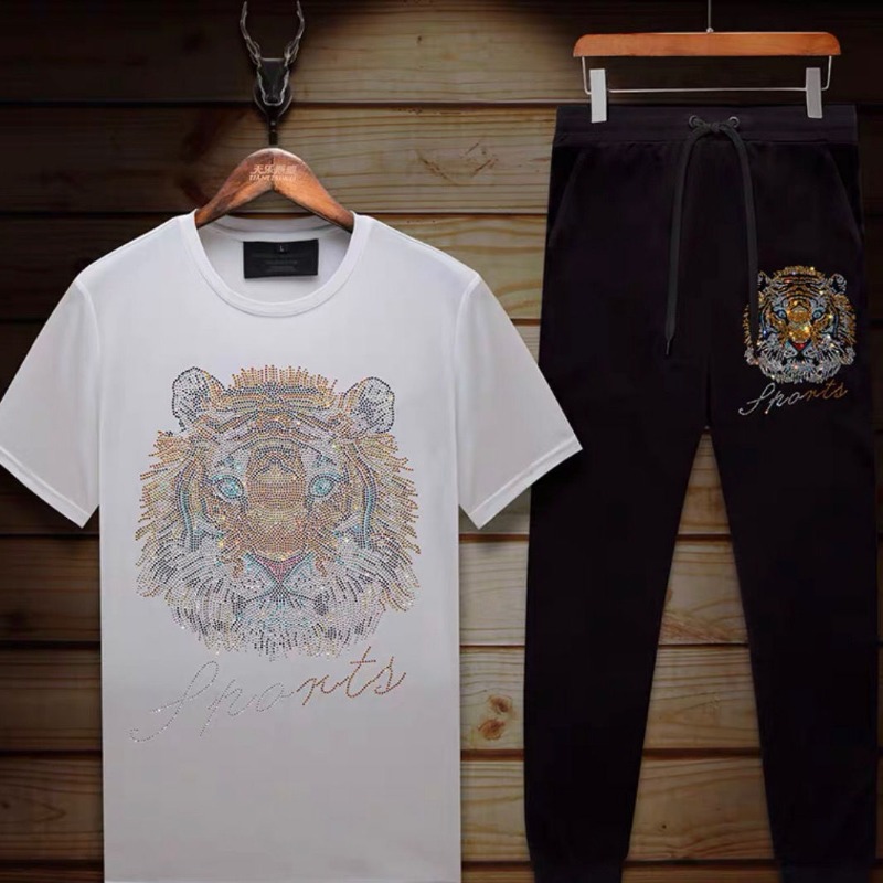 Herrenbekleidung Sommer hochwertiger lässiger Sportanzug Kurzarmhose Goldprägung Eisseide Zweiteiliges Set