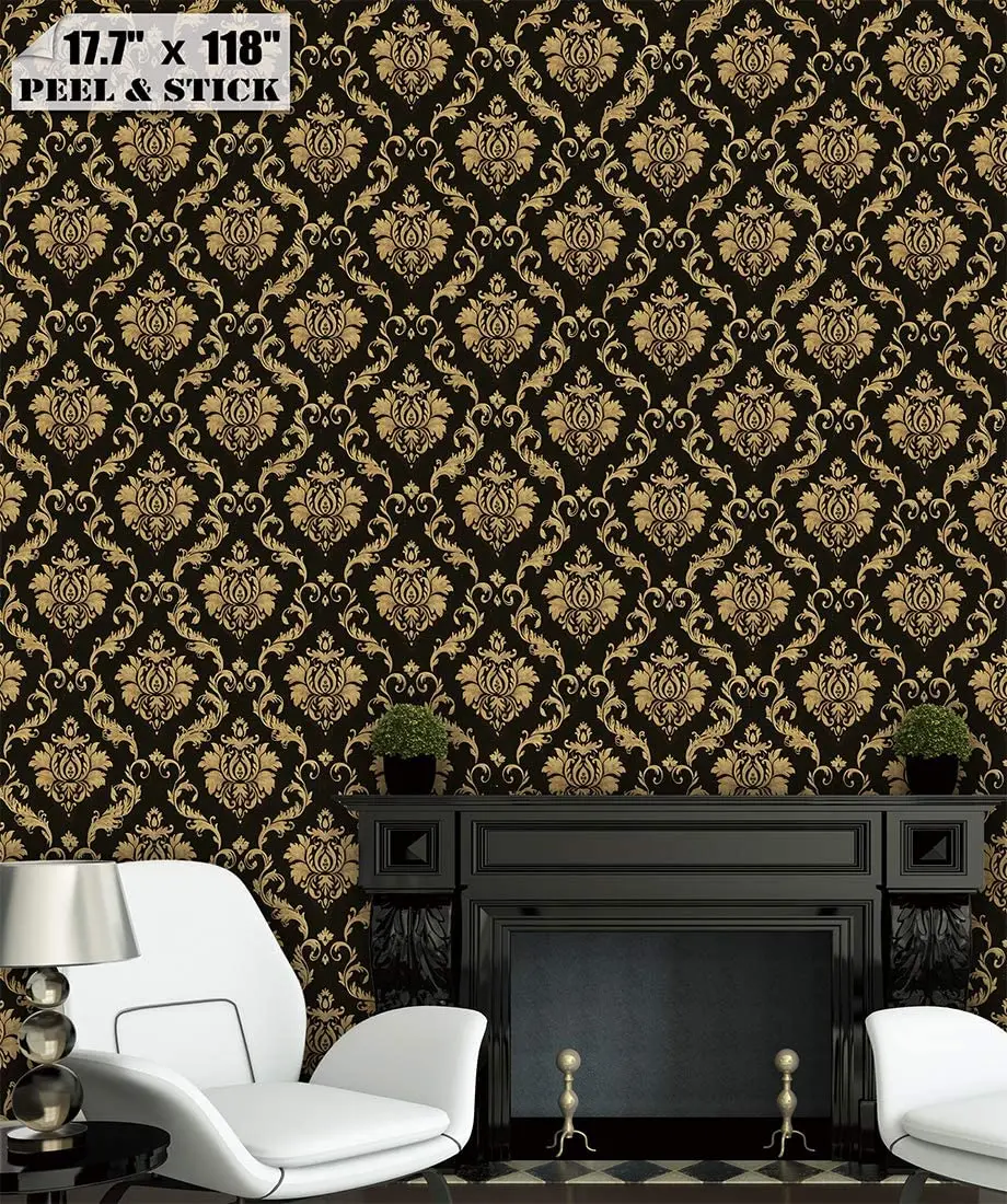 Damask Peel และ Stick วอลล์เปเปอร์สีดําทอง Pre-Pasted กระดาษติดต่อแบบถอดได้ไวนิล Self-Adhesive สติกเกอร์เฟอร์นิเจอร์สําหรับ Home