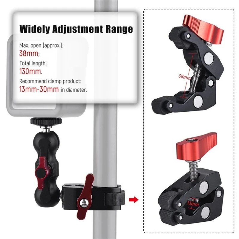 Super Clamp Camera Clamp Mount Monitor 360° Ballhead Magic Arm Double Ball Head Adapter for DSLR Camera/Gopro/LED Lights/phone
