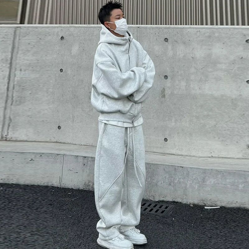 Conjunto de Mole Masculino de Inverno com Forro de Lã, Ajuste Solto, com Capuz e Calça de Perna Reta, Roupa Casual de Duas...