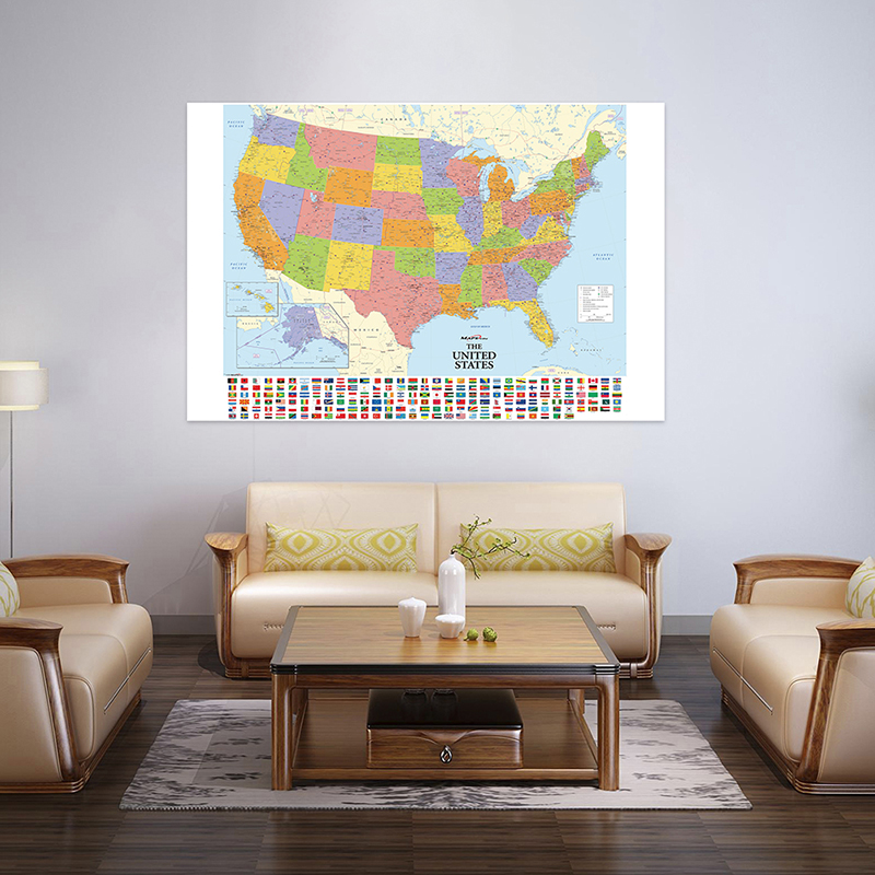 Mapa de tecido não tecido vintage dos Estados Unidos, Impressão da bandeira do país, Decoração da sala, Material escolar e de escritório, 120x80cm
