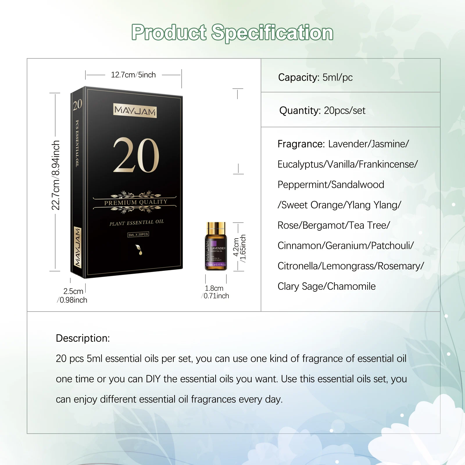 MAYJAM น้ํามันหอมระเหยธรรมชาติบริสุทธิ์ 20 ชิ้นชุดของขวัญกล่องไม้จันทน์ตะไคร้ลาเวนเดอร์มะกรูด Eucalyptus โรสแมรี่สําหรับ Diffuser