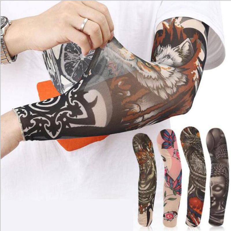 Moda nuevos hombres flor brazo tatuaje mangas sin costuras al aire libre protector solar mangas de brazo protección solar UV calentadores de brazo para mujeres