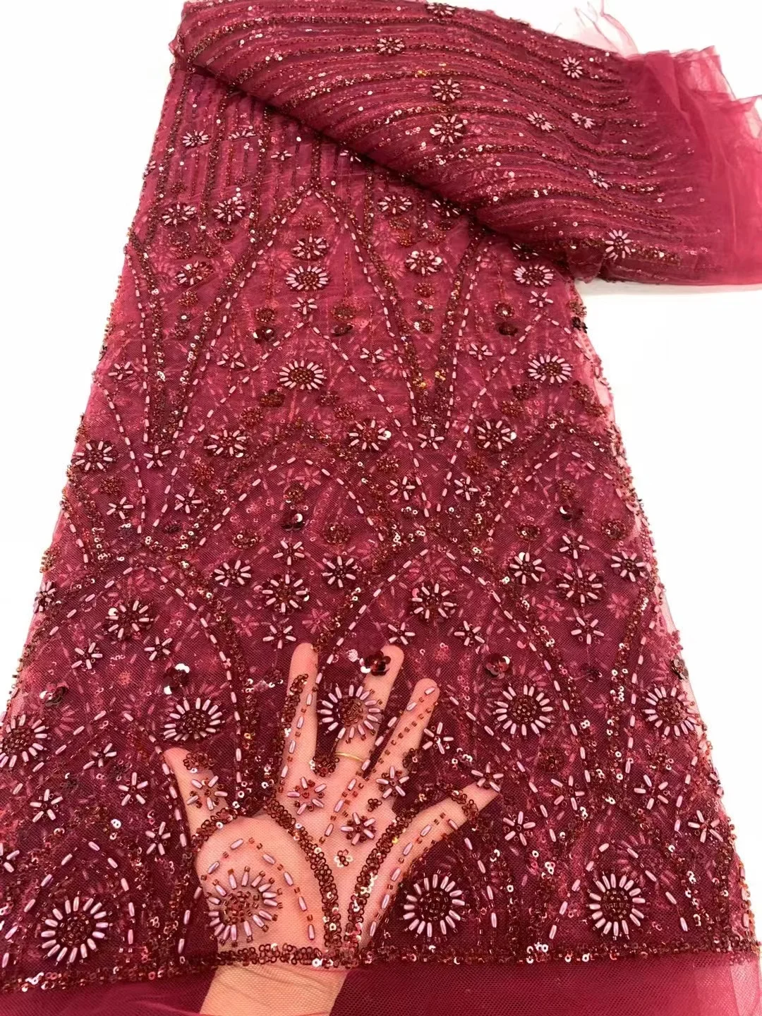 Neueste afrikanische Pailletten Spitze Stoff hochwertige Spitze Stickerei Perlen Mesh Stoff 5 Meter für Frauen Hochzeits feier Kleid