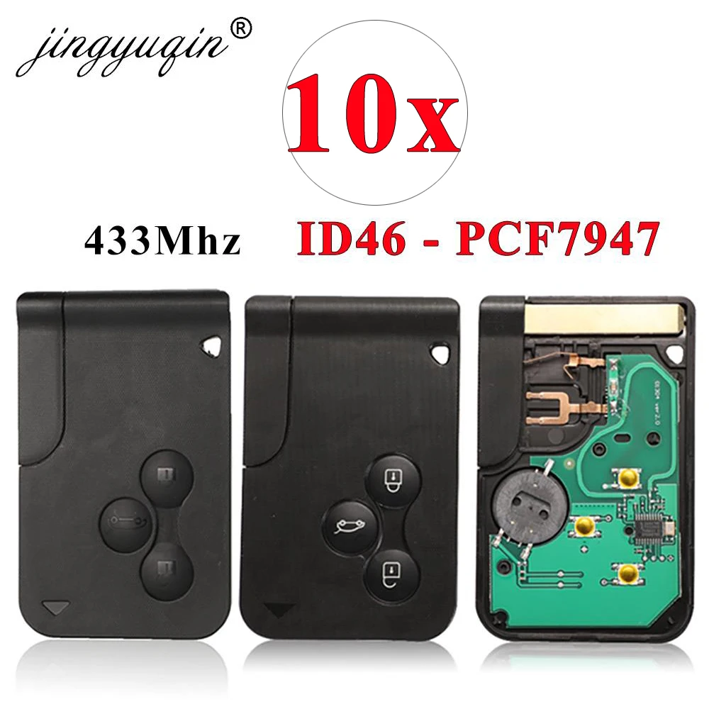 Jingyuqin 10 stks/partij 433Mhz ID46 PCF7947 Chip & Insert Kleine Blade Afstandsbediening Smart Key Card voor Renault Megane Scenic Grand 3 knop