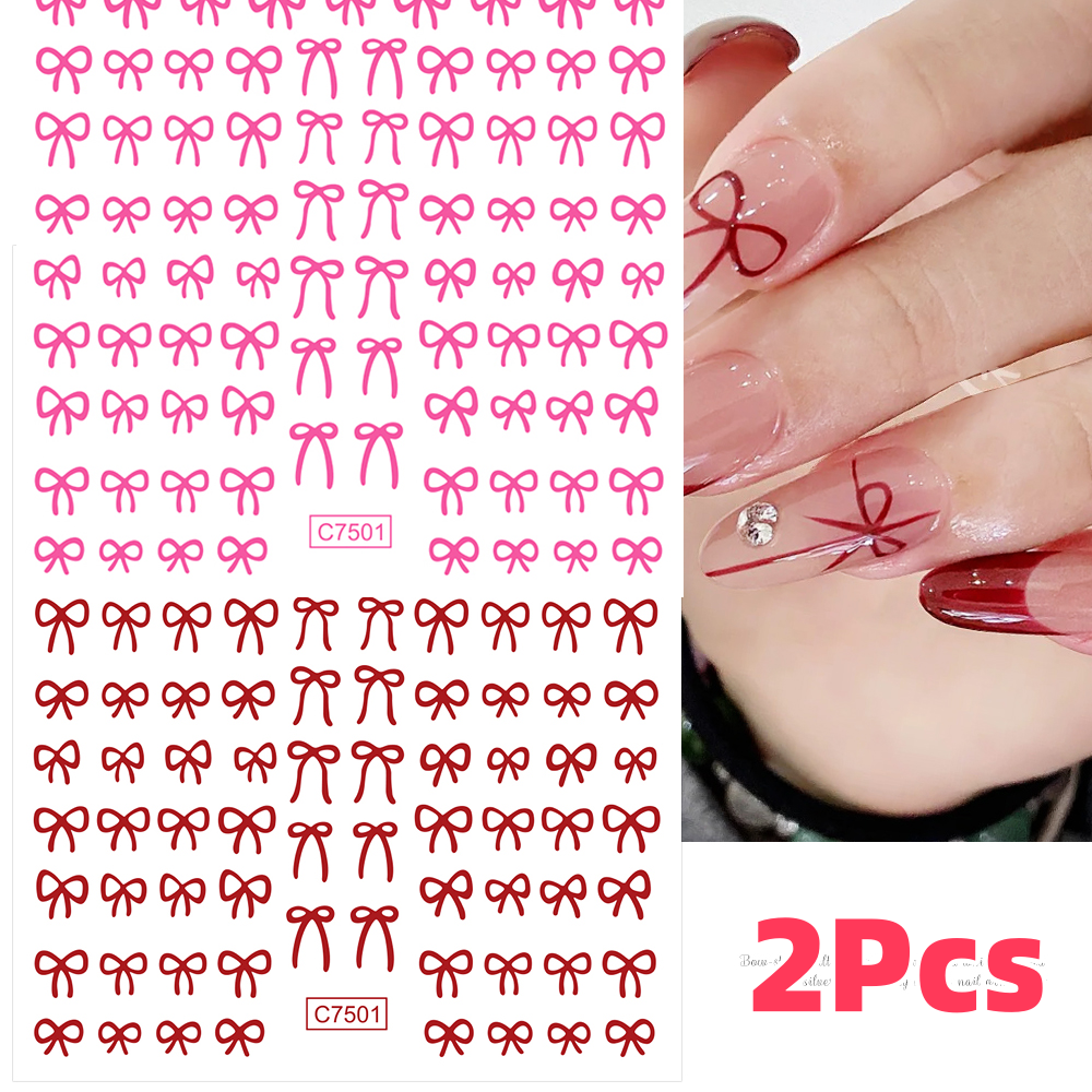 2 pçs 3d preto branco mini bowknot adesivos de unhas rosa/vermelho renda fita/arco auto-adesivo decalques de unhas decoração y2k acessórios de manicure