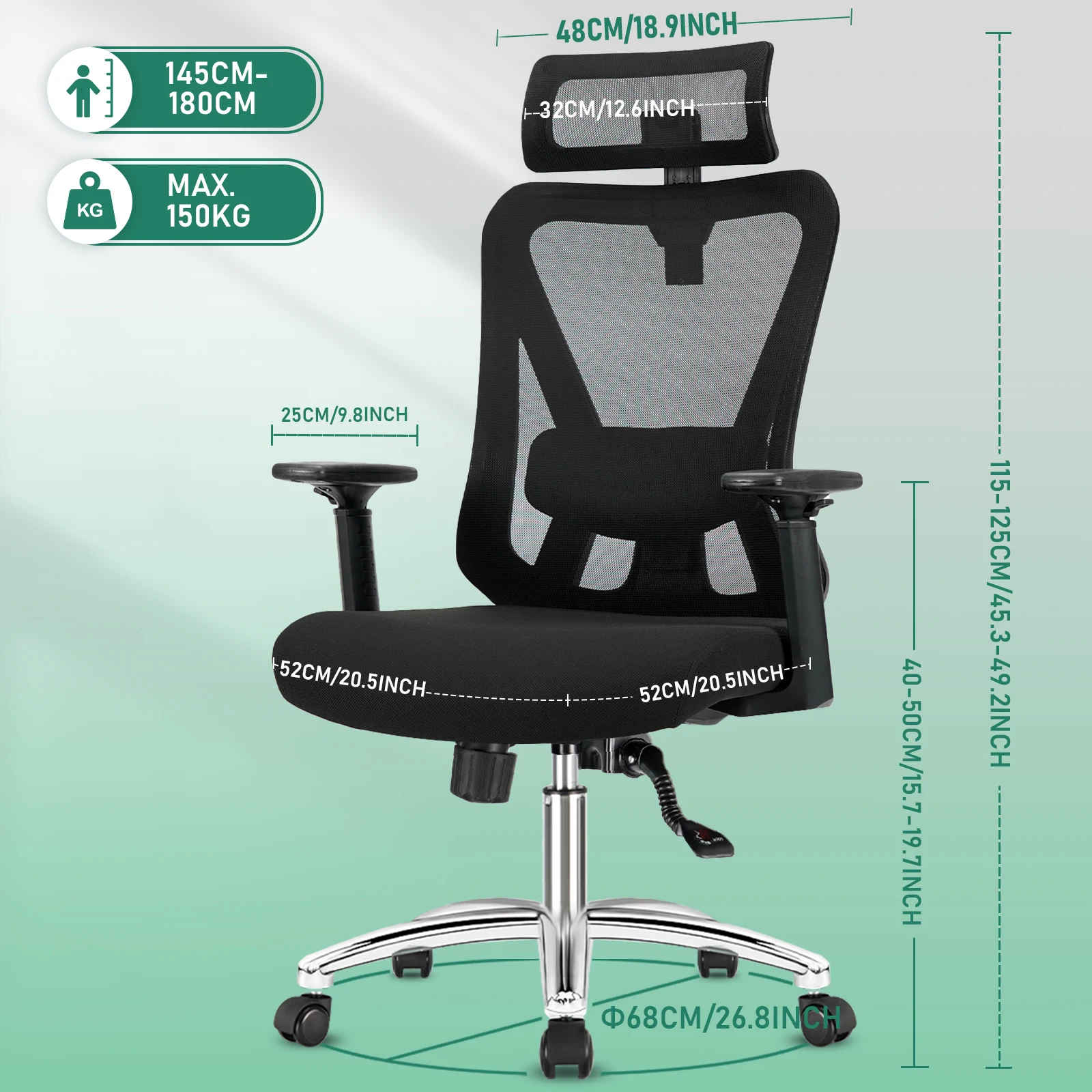 Durrafy Ergonomischer Bürostuhl, Schreibtischstuhl mit Kopfstütze, Armlehnen, Drehstühle mit 90er ° -130 °   Liegefunktion (abschließbar)