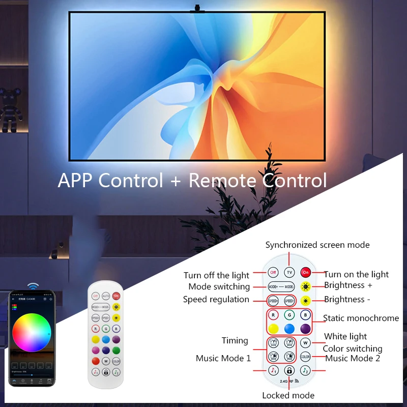 Tira de luces LED con retroiluminación de sincronización de TV, cinta de diodo de cinta Flexible USB con Sensor de captura de Color RGBIC, Control por aplicación remota Bluetooth