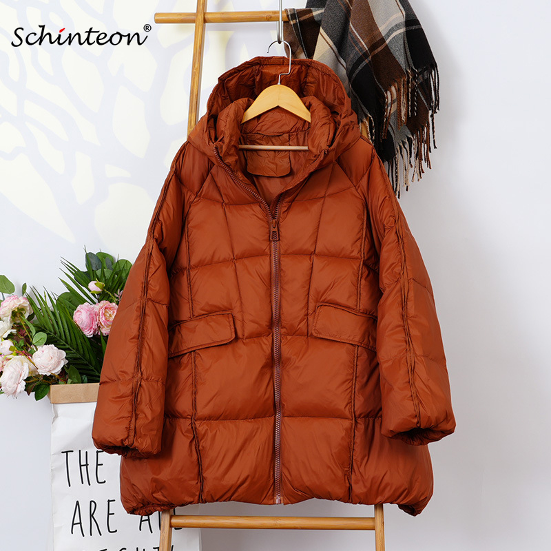 Schinteon Frauen weiße Enten Daunen jacke mit Kapuze Herbst Winter warme Outwear lässig locker über Größe Outwear koreanischen Stil Mantel neu