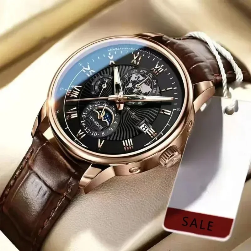 Reloj de lujo para hombre, cronógrafo resistente al agua, patrón de fase lunar, reloj de pulsera luminoso para hombre, relojes de cuarzo de cuero PU para hombre, reloj informal