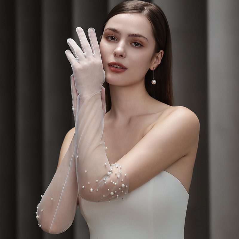 WG138 gants de mariée lourds faits à la main perles élégant Long élégant mince dîner de mariage Tulle gants accessoires de mariage