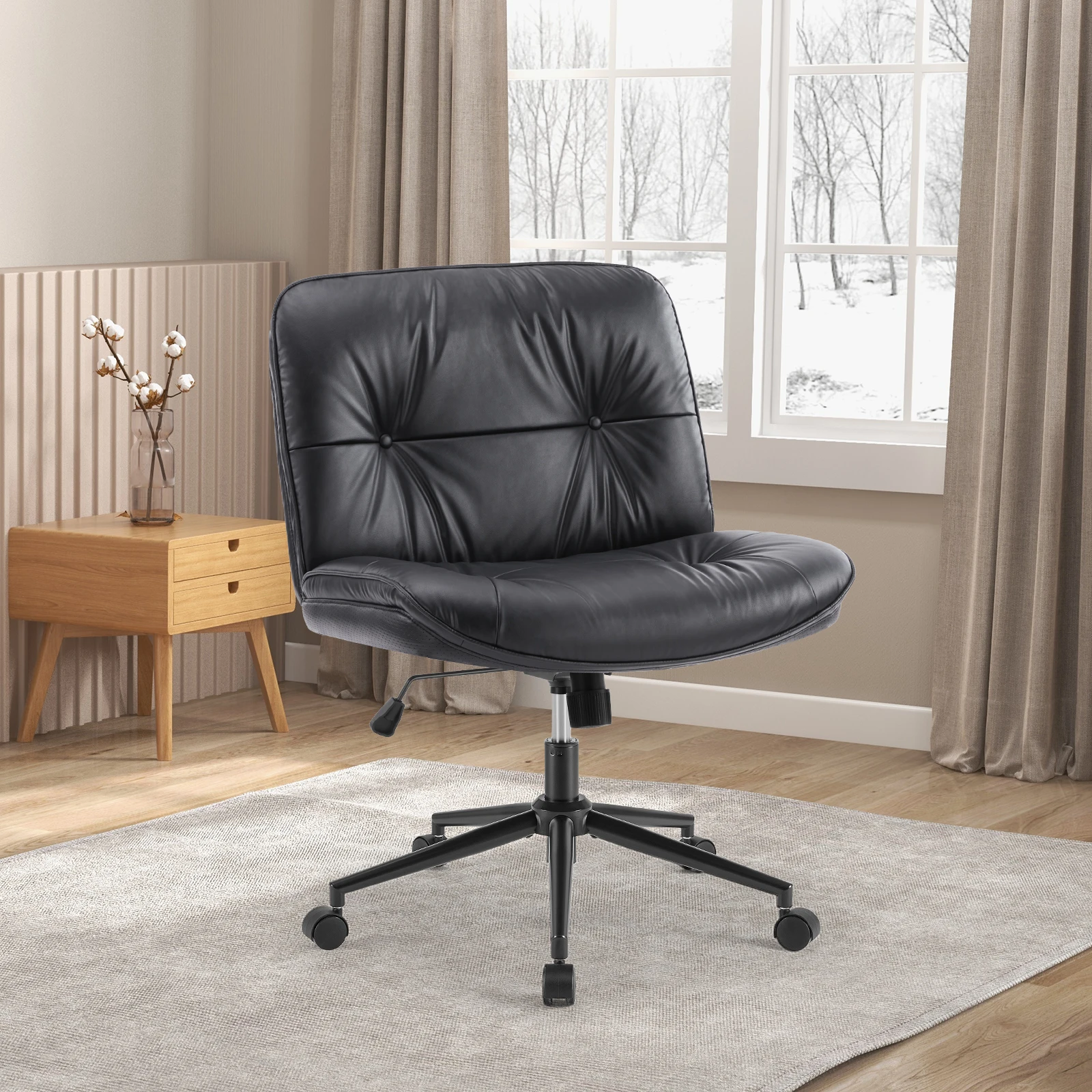 JHK PU Leather Cross Legged Office Chair with Wheels Armless Desk Chair Height Adjustable Swivel Wide Seating for Home Bedroom