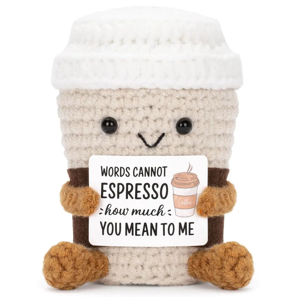 Funny Crochet Emotional Support Coffee Doll With Card Desktop Ornament Handmade Knitted Coffee Dolls Christmas Gifts Home Decor