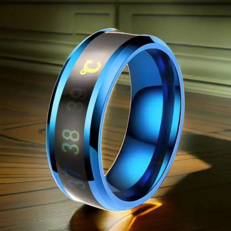 Anel inteligente de aço de titânio com sensor de temperatura e mudança de cor, anel de aço inoxidável que não desbota masculino legal