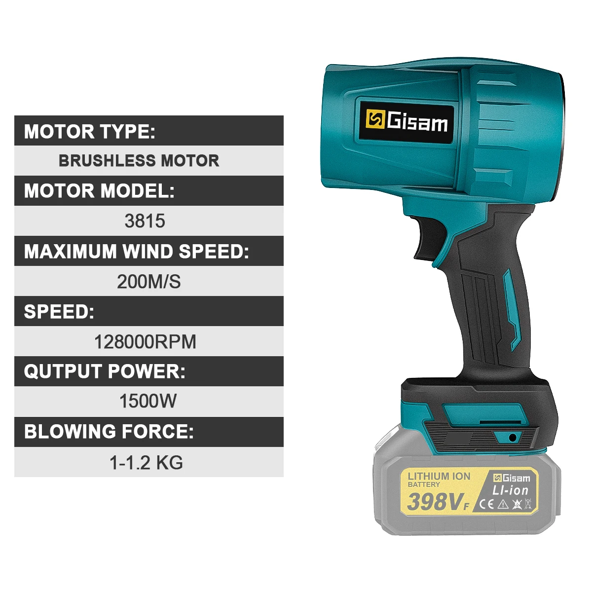 Gisam Brushless Electric Blower Turbo Jet Fan 200M/S Violent Air Gun Handheld Snow Leaf Dust Blowing Tool for Makita 18V Battery