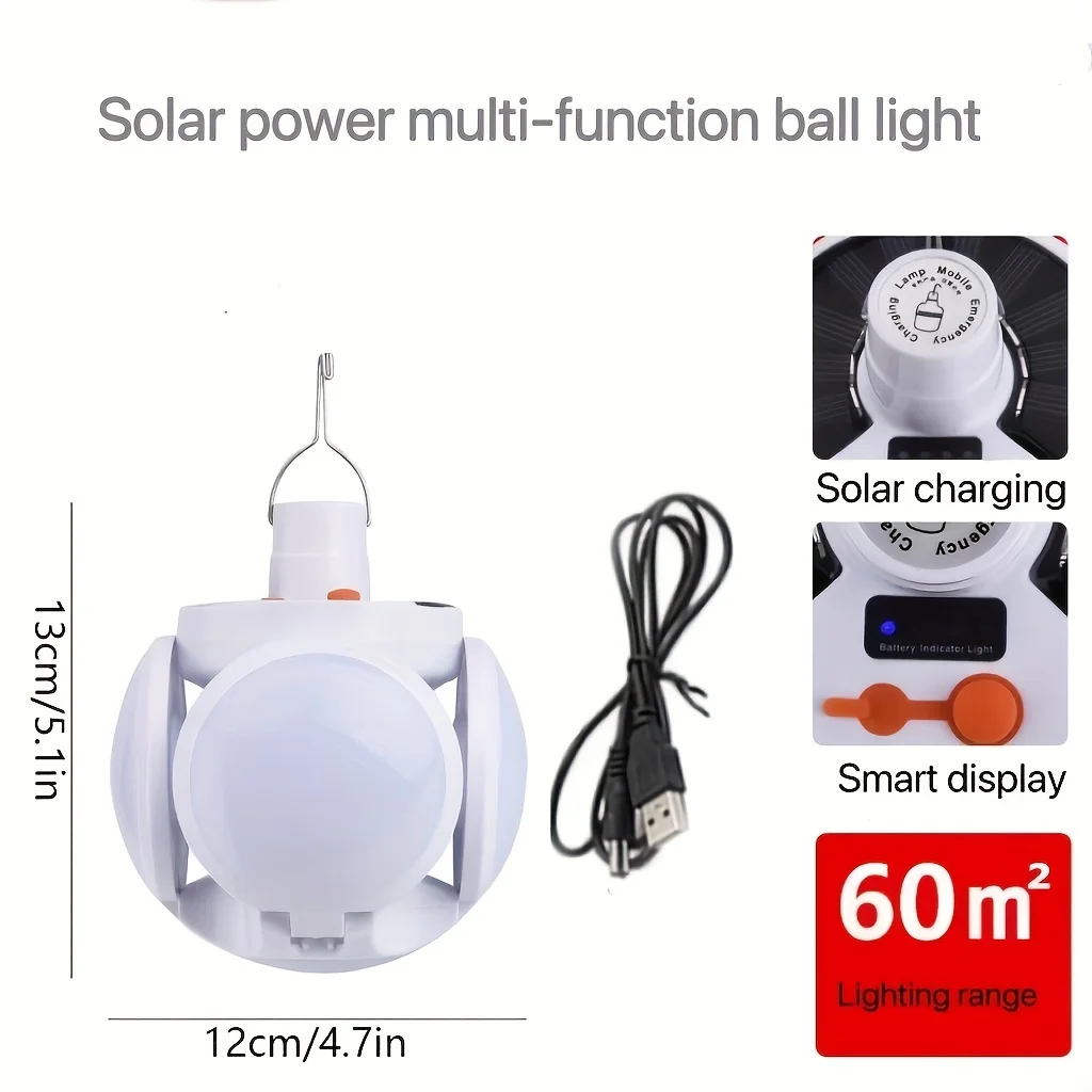 แบบพกพา Solar Camping Light พร้อมตะขอรีโมทคอนโทรลพับฟุตบอลหลอดไฟโคมไฟตั้งโต๊ะแบบชาร์จไฟได้สําหรับเต็นท์โคมระย้าฉุกเฉิน
