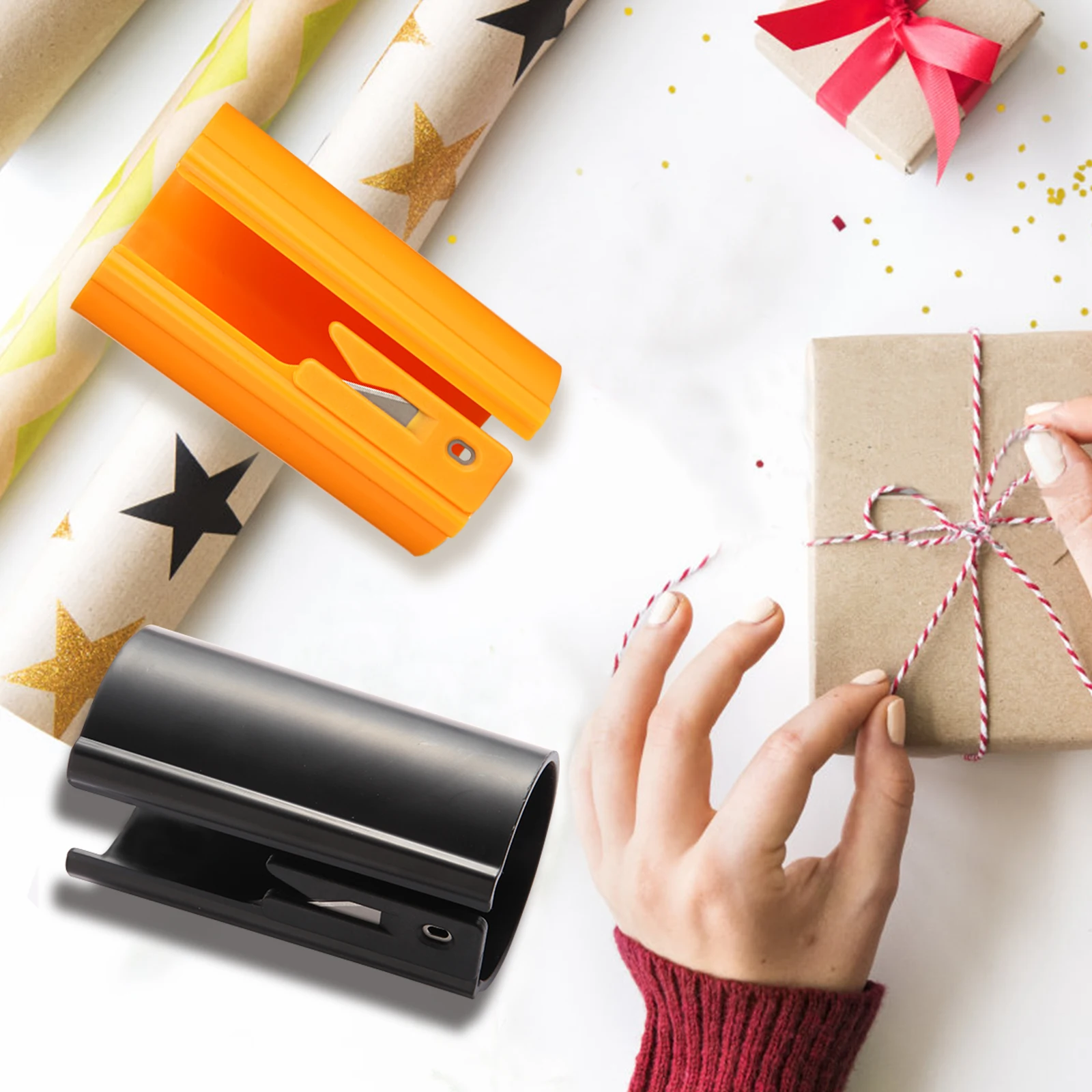 HORN verschiebbarer Geschenkpapier-Schneider – leicht zu schleifender Geschenkpapier-Trimmer für Weihnachten und Geburtstage, langlebiges ABS, Orange/Schwarz