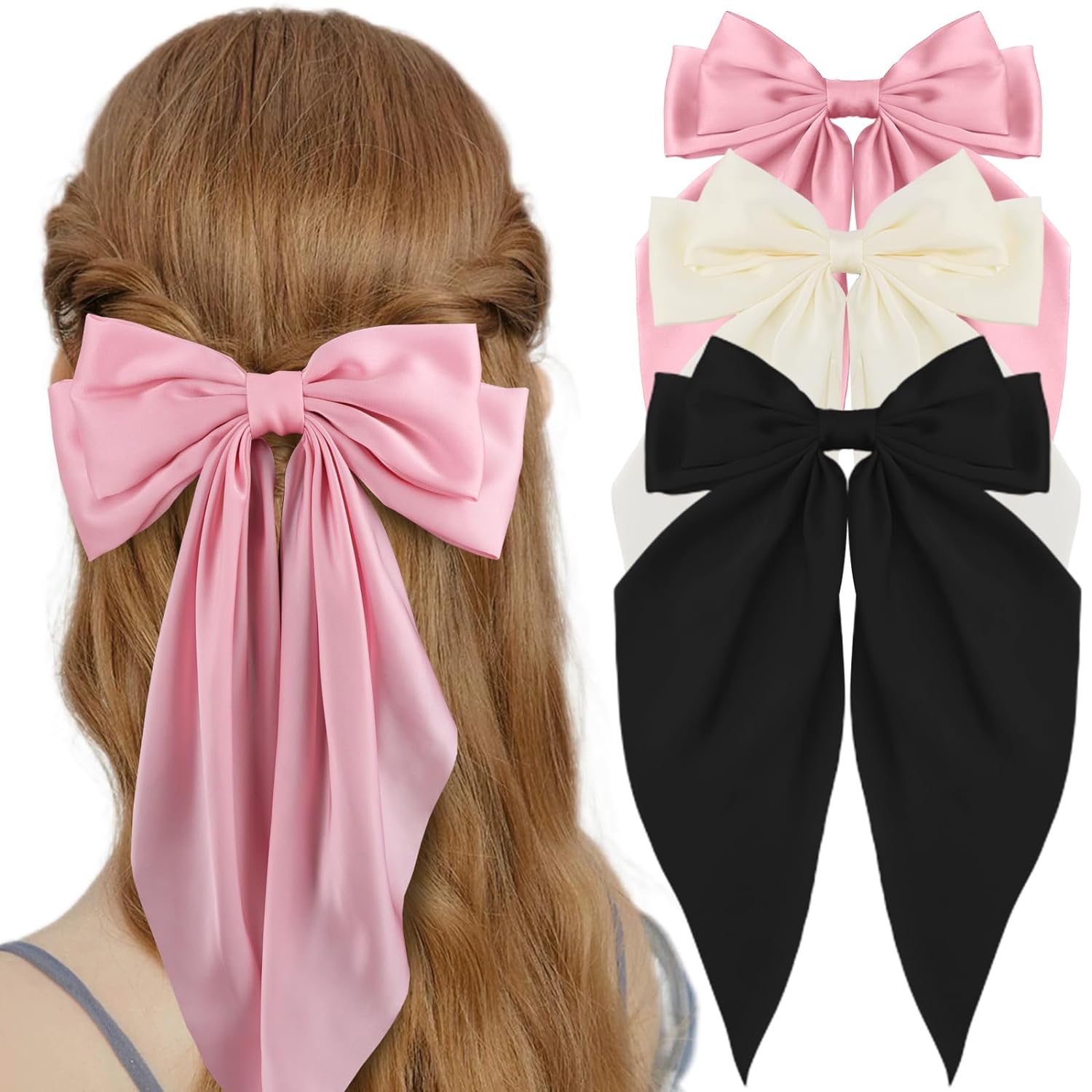 3 ชิ้นขนาดใหญ่ Elegant ริบบิ้นโบว์ผมคลิปสําหรับผู้หญิงสีทึบซาตินหางม้า Bowknot Hairpins Barrettes อุปกรณ์เสริมผม