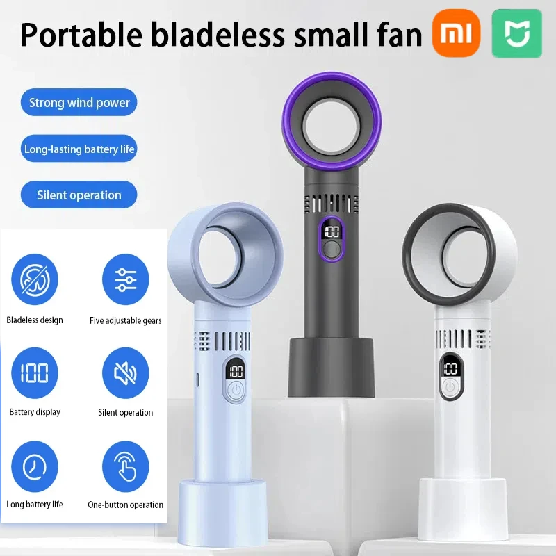 Безлопастной вентилятор Xiaomi, интеллектуальный цифровой дисплей, высокоскоростной безлопастной портативный USB-зарядка, мощность ветра, настольный компьютер, новинка 2023 года ﻿