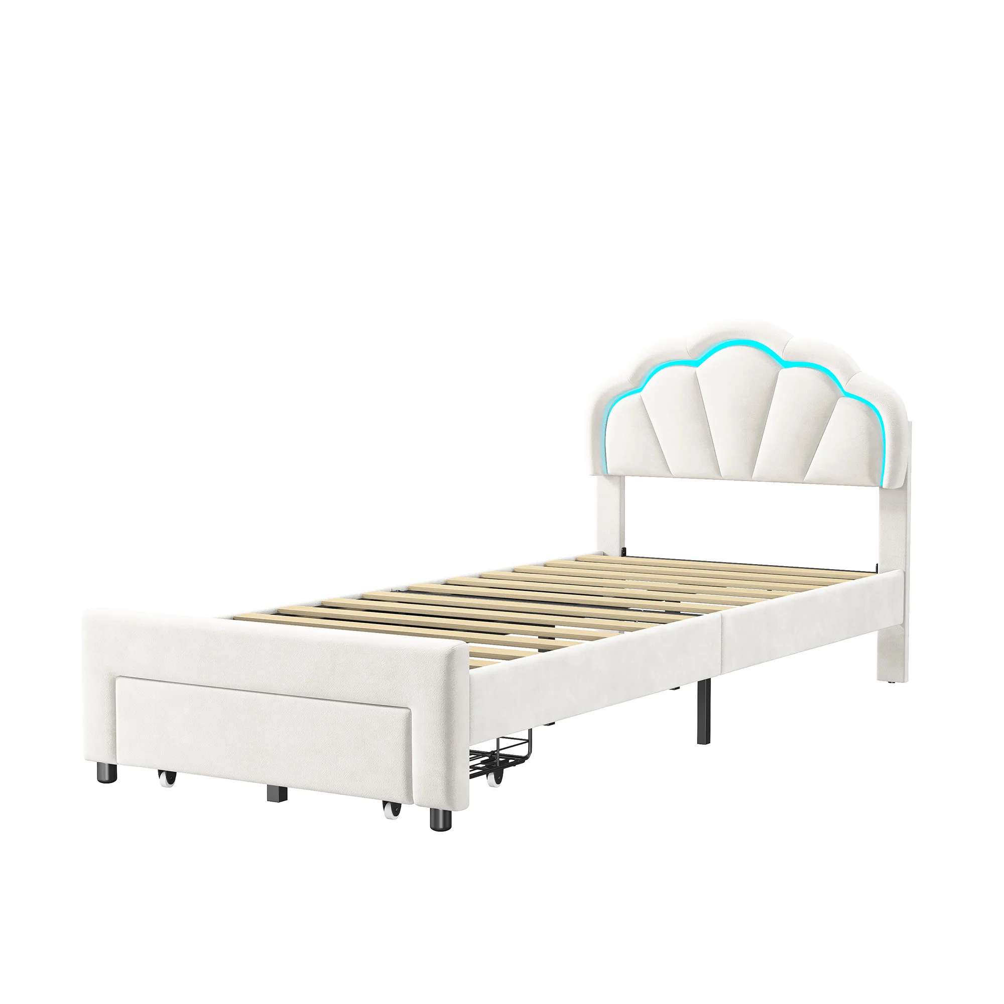 Comanlai-Cama infantil com forma de flor cabeceira, cama de solteiro estofada com luzes LED e gavetas, tecido de veludo, 90x200cm