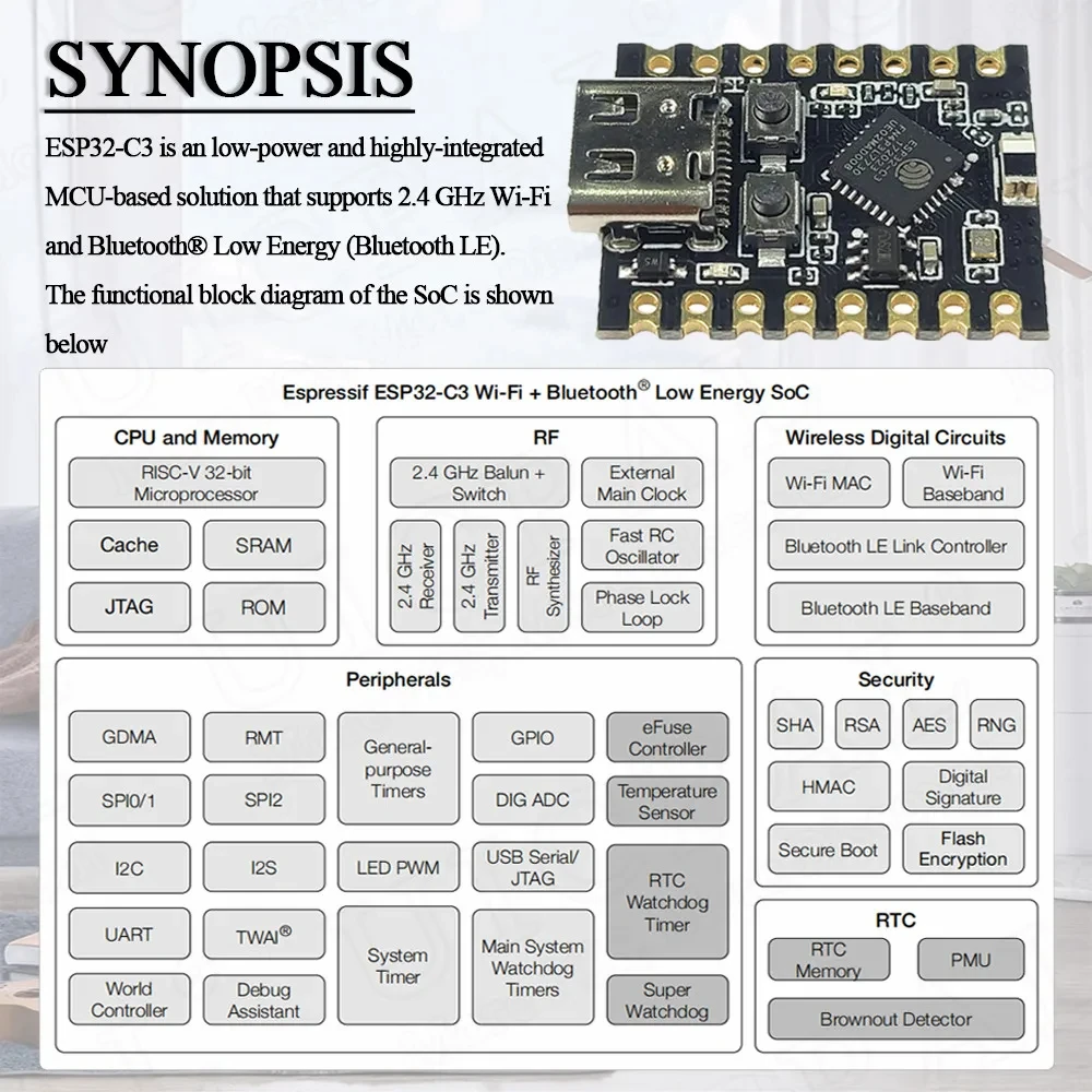 Макетная плата ESP32 C3, мини-модуль Wi-Fi BT, Тип C, Φ 16 контактов, 32-разрядный одноъядерный процессор