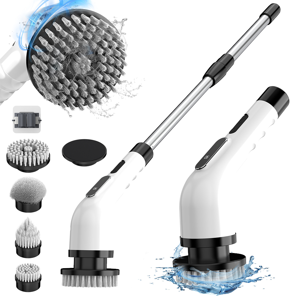 Electric Spin Scrubber, Electric scrubber with 8 Replaceable Brush Heads & Detachable Extension Handle, Power spin scrubber cord