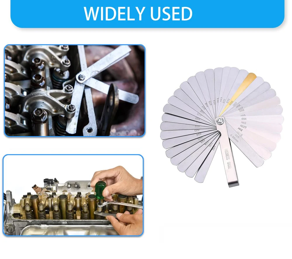 Set di spessimetri a 32 lame in acciaio inossidabile con doppia marca, strumento di misurazione dello spazio per calibro di spessore della valvola SAE metrico e standard