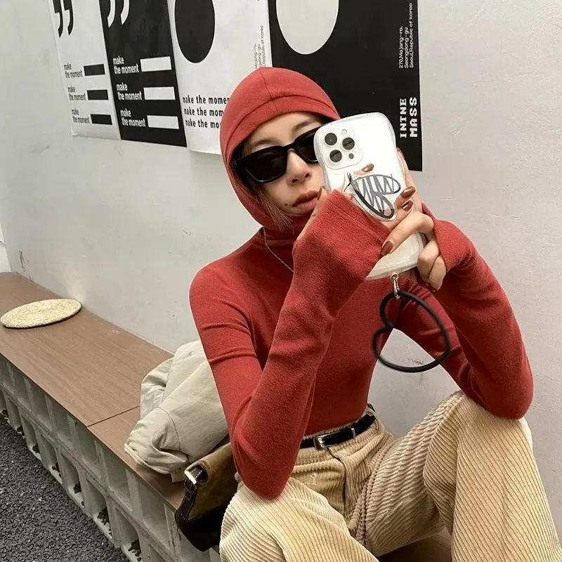 Jersey liso de manga larga con capucha para mujer, jerséis con capucha de cuello alto ajustados a la moda para otoño e invierno