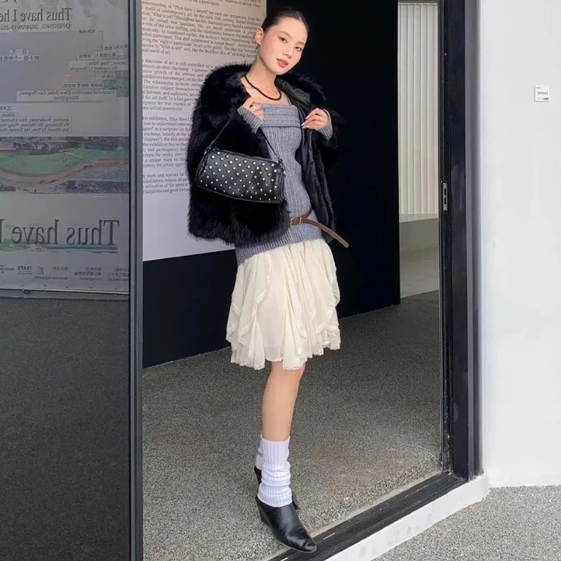 Deeptown 韓国スタイルのレースチュールスカート女性フェアリーコア甘いエレガントなフリルスカートヴィンテージストリート不規則なレイヤードスカート