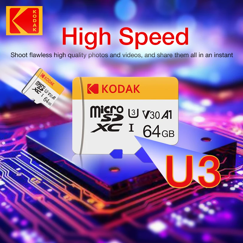Carte mémoire d'origine KODAK 64 Go 128 Go 256 Go U3 4K Micro SD 32 Go SDHC UHS-I C10 A1 V30 TF SancFlash Microsd