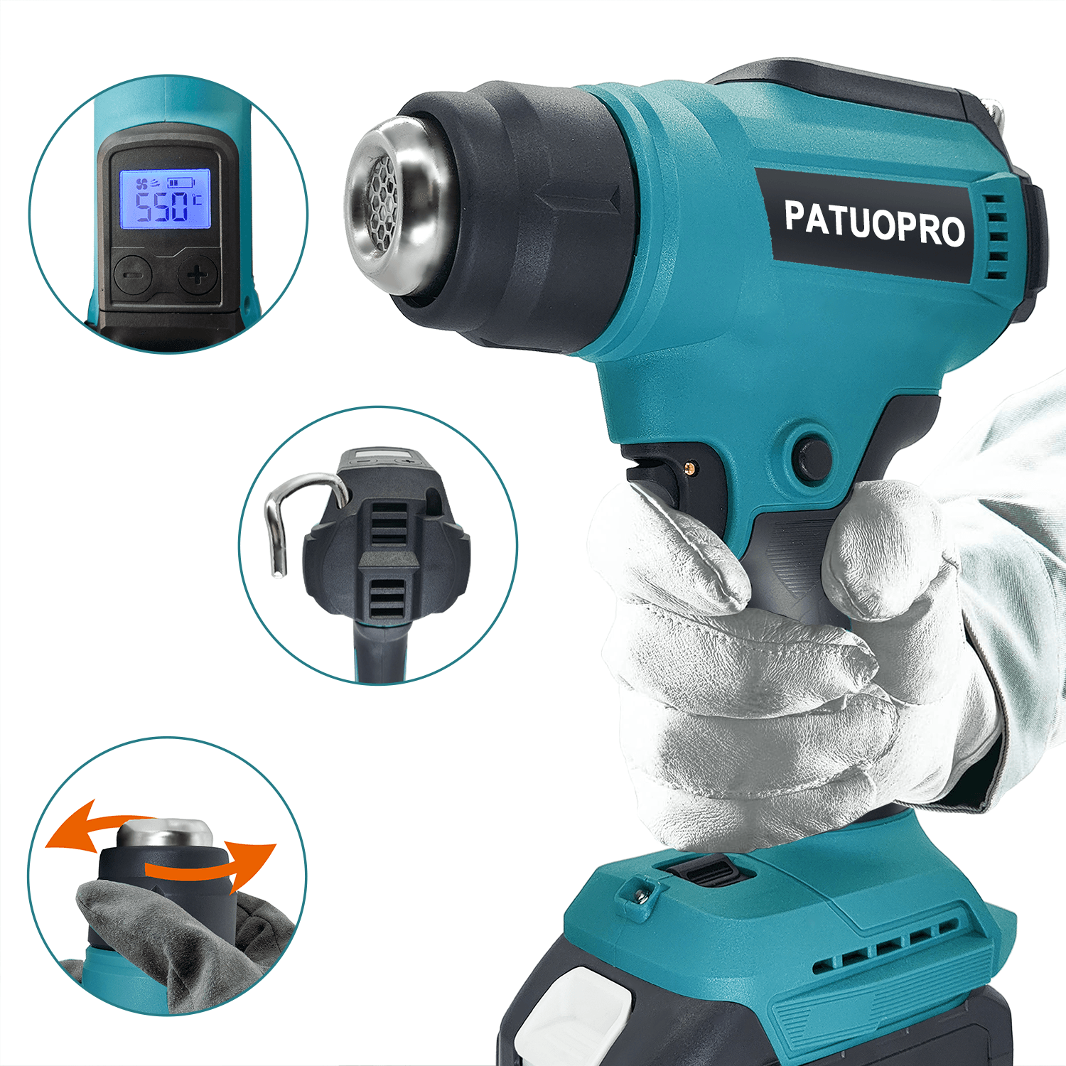 50 ℃   - 550 ℃   Pistola de calor inalámbrica portátil, pistola de aire caliente recargable, temperatura Digital ajustable para batería Makita de 18v