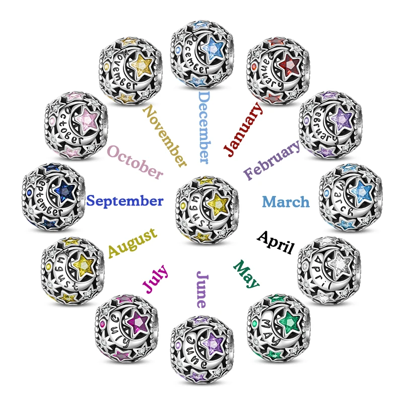 Neue 925 Sterling Silber Stern Mond Geburtsstein Januar bis Dezember Charms Perlen Funkelnder Zirkon Fit DIY Armband Geburtstag Schmuck