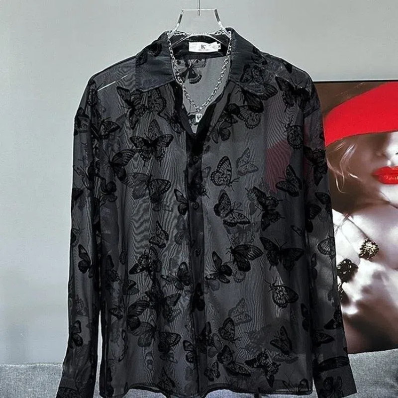 Frühling Herbst Mode drehen-unten Kragen Langarm Druck Bluse männer Kleidung Casual Alle-spiel Vintage Taste Chic hemden