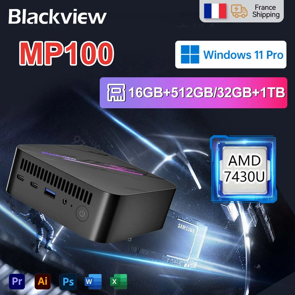 Mini PC Blackview MP100 7430U WiFi 6 Windows 11 Pro 16 GB + 512 GB / 32 GB + 1 TB Mini computer AMD a 6 core a 12 thread BT5.2