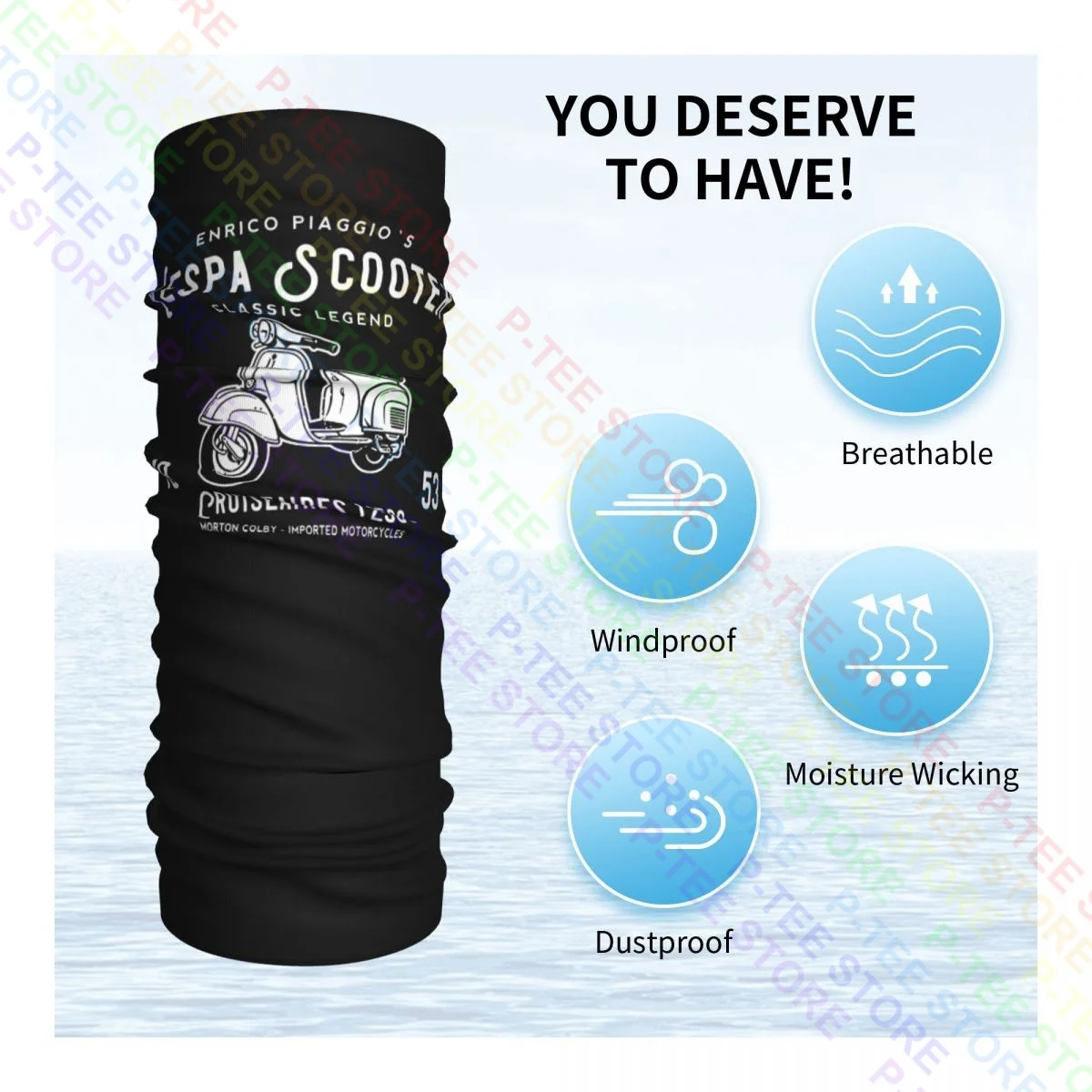 Piaggio Vespa Scooter 1953 125Cc Polaina para el cuello Bandana Bufanda Mascarilla Unisex Camping Protección UV