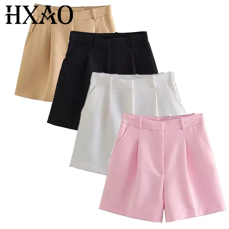 HXAO Female Shorts Black Pink Shorts Woman Summer 2024 Pleated Baggy White Shorts For Women Casual High Waist Short Pants