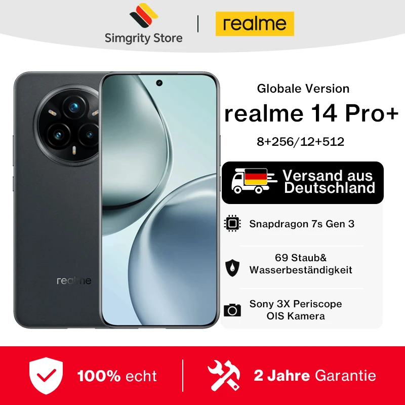 Versione globale realme 14 Pro+ 5G Smartphone Sony 3X Periscope OIS Fotocamera Snapdragon7s Gen 3 80W SUPERVOOC Carica IP69