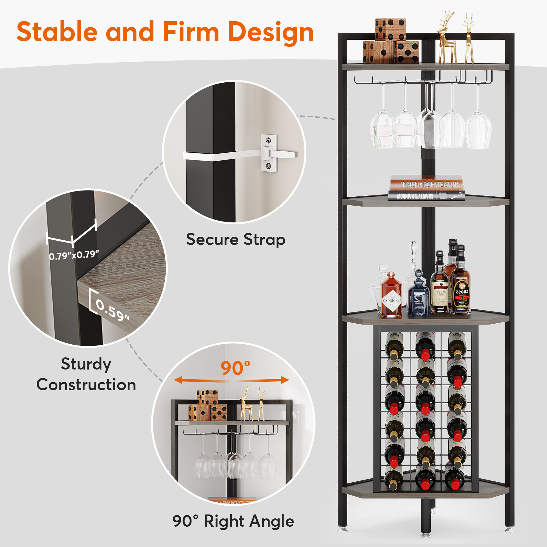 Tribesigns Corner Wine Rack with Glass Holder and Storage Shelves, Industrial 4 Tier Corner Wine Shelf for Living Room