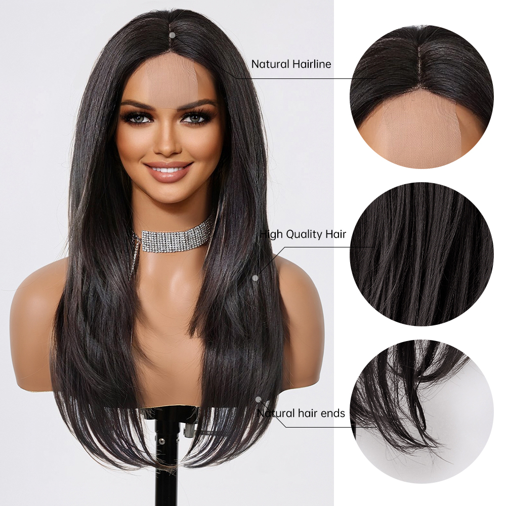 Pelucas sintéticas de encaje frontal para mujer, pelo largo y liso en capas, con división media, color negro Natural, resistente al calor