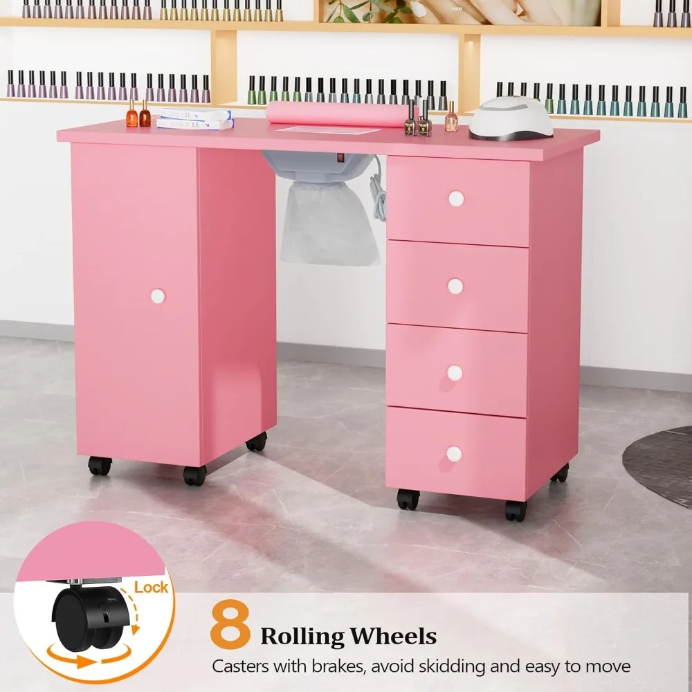 Manicure Table Nail Desk for Nail Tech, Nail Table Beauty Salon Tech Station w/Electric Downdraft Vent, Lockable Wheels