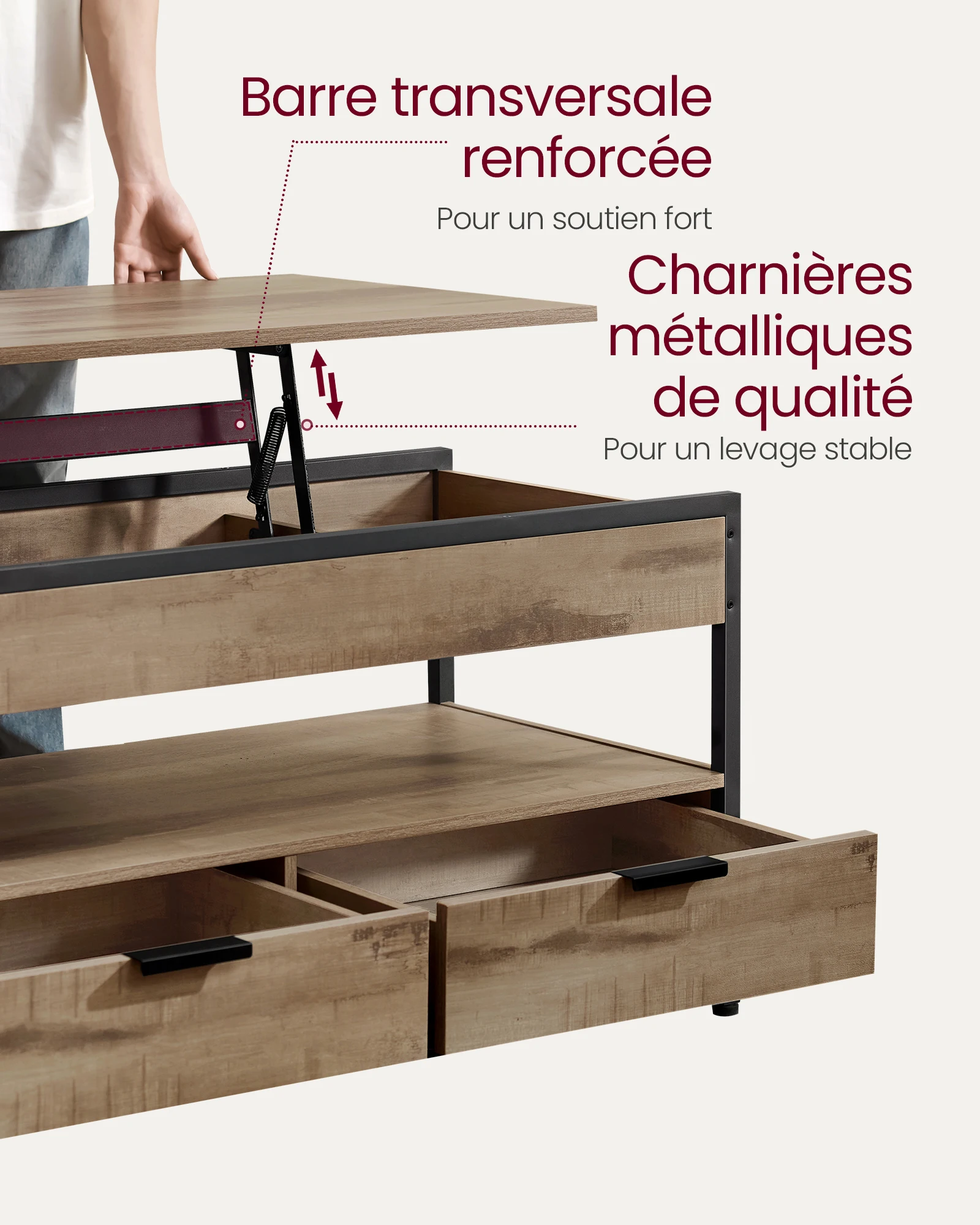 VASAGLE Table Basse, Table de Salon avec Plateau Relevable, Tiroirs de Rangement, avec Rangement Ouvert et Compartiment Caché