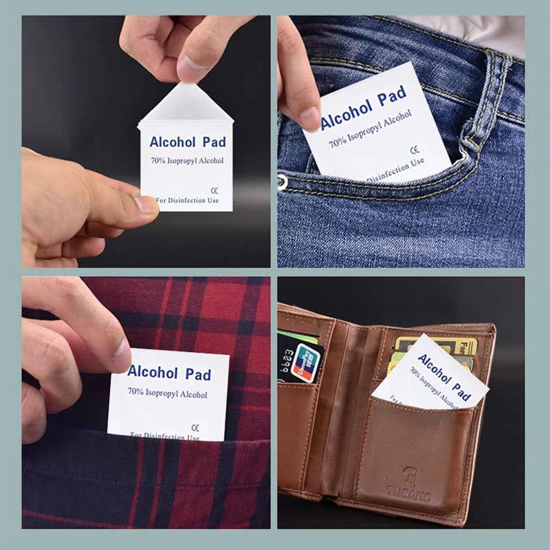 10/100 pçs almofadas de algodão de álcool descartáveis desinfetante limpar comprimidos de álcool ferramentas de cuidados de limpeza ao ar livre em casa 75% álcool lenço molhado