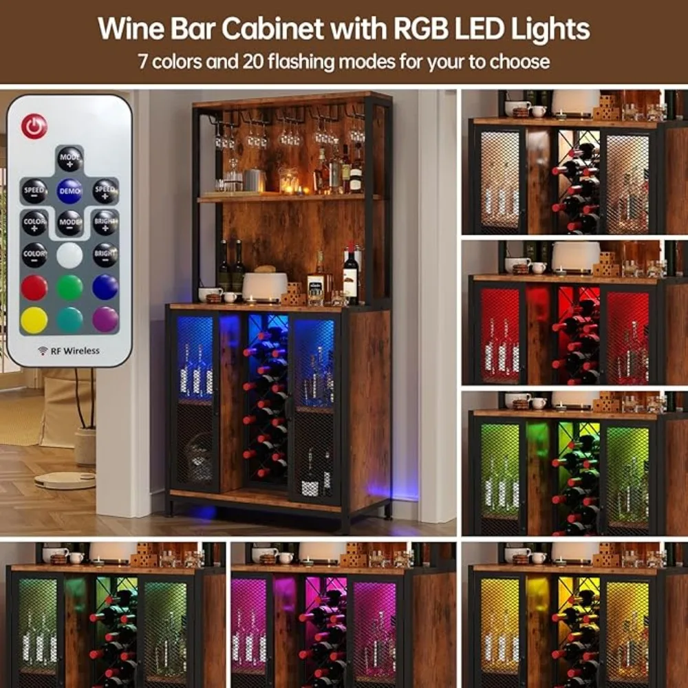 LED Upgraded Bar Cabinet with Back Panel & Microwave Stand Rack,  65" Tall Wine Bar Cabinet w/Glass Holder & Adjustable Shelves
